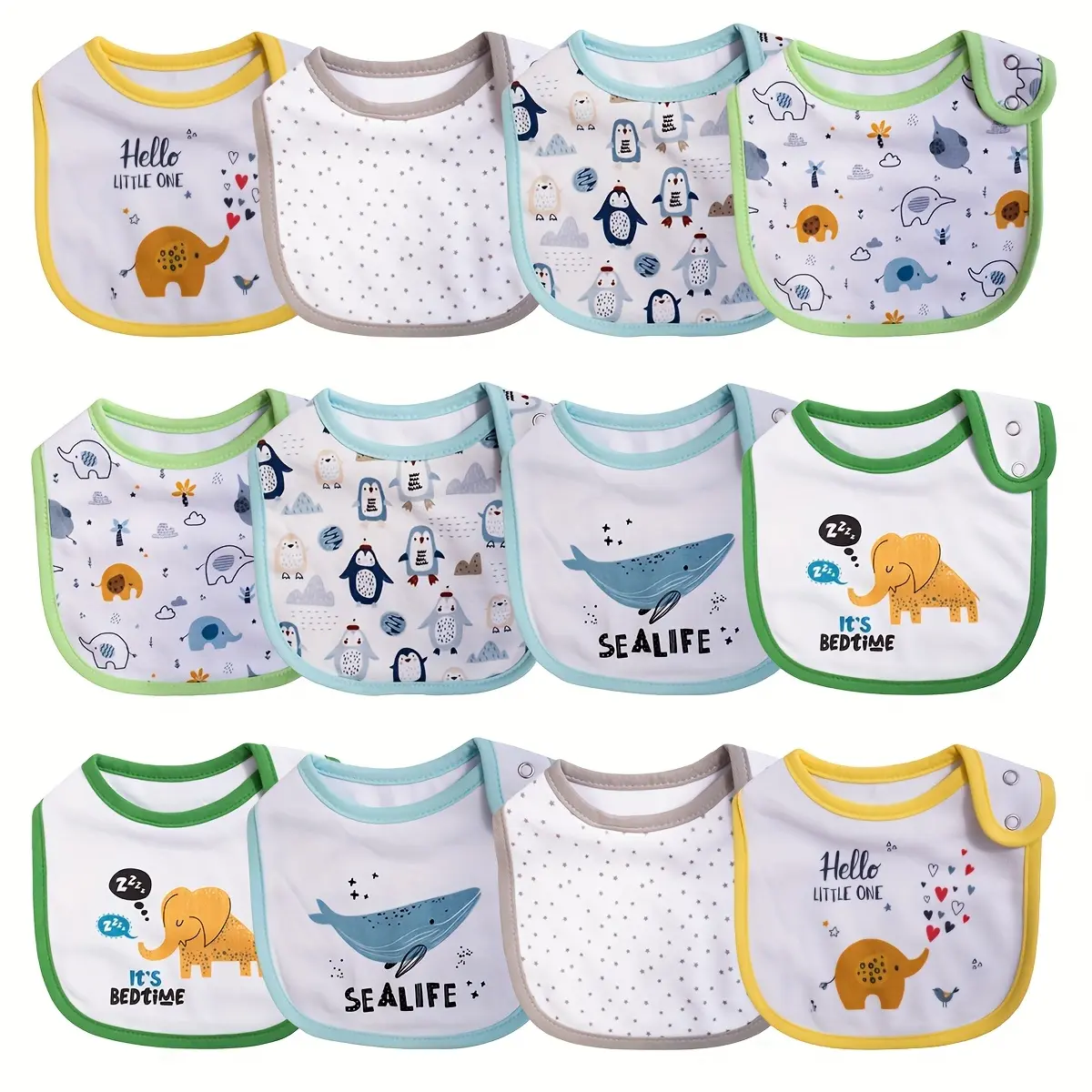 12 Pack High-Quality Cotton Baby Bibs – Soft Absorbent Feeding Bibs with Adjustable Snap, Unisex for Boys & Girls, Teething & Drooling Essentials, Infant Must-Haves Organic Onesie Set