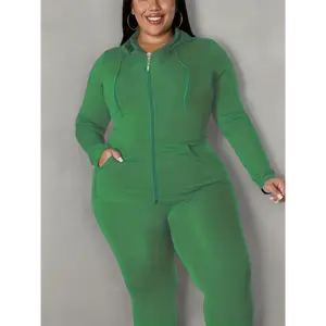 PlusSizeSolidZipUpHoodieSweatshirt&PantsSet,Women'sPlusHighStretchWorkout2pcsSet