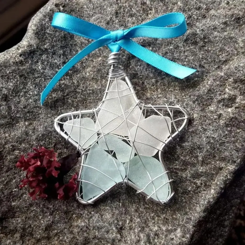 2PCS Sea Glass Star Christmas Tree Ornament, Coastal Ocean-Inspired Hanging Decoration, Beach-Themed Holiday Decor, Xmas Tree Pendant Gift for Family and Friends