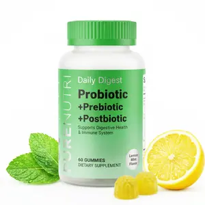 PURENUTRI 3-in-1  Probiotic Gummies - 15 Strains, GOS Prebiotics, Postbiotics, 0g Sugar, Vegan, Non-GMO, Lemon Mint Flavor, 60 Count, Gut Health Support