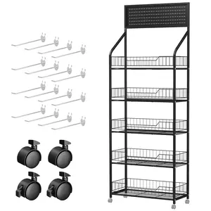 Explorinox Heavy-Duty 4/5 Tier Rolling Display Rack Black Metal Storage Shelf Cart with Wheels & 15 Hooks Multi-Tiered Organizer Stand for Supermarket Grocery Store Home