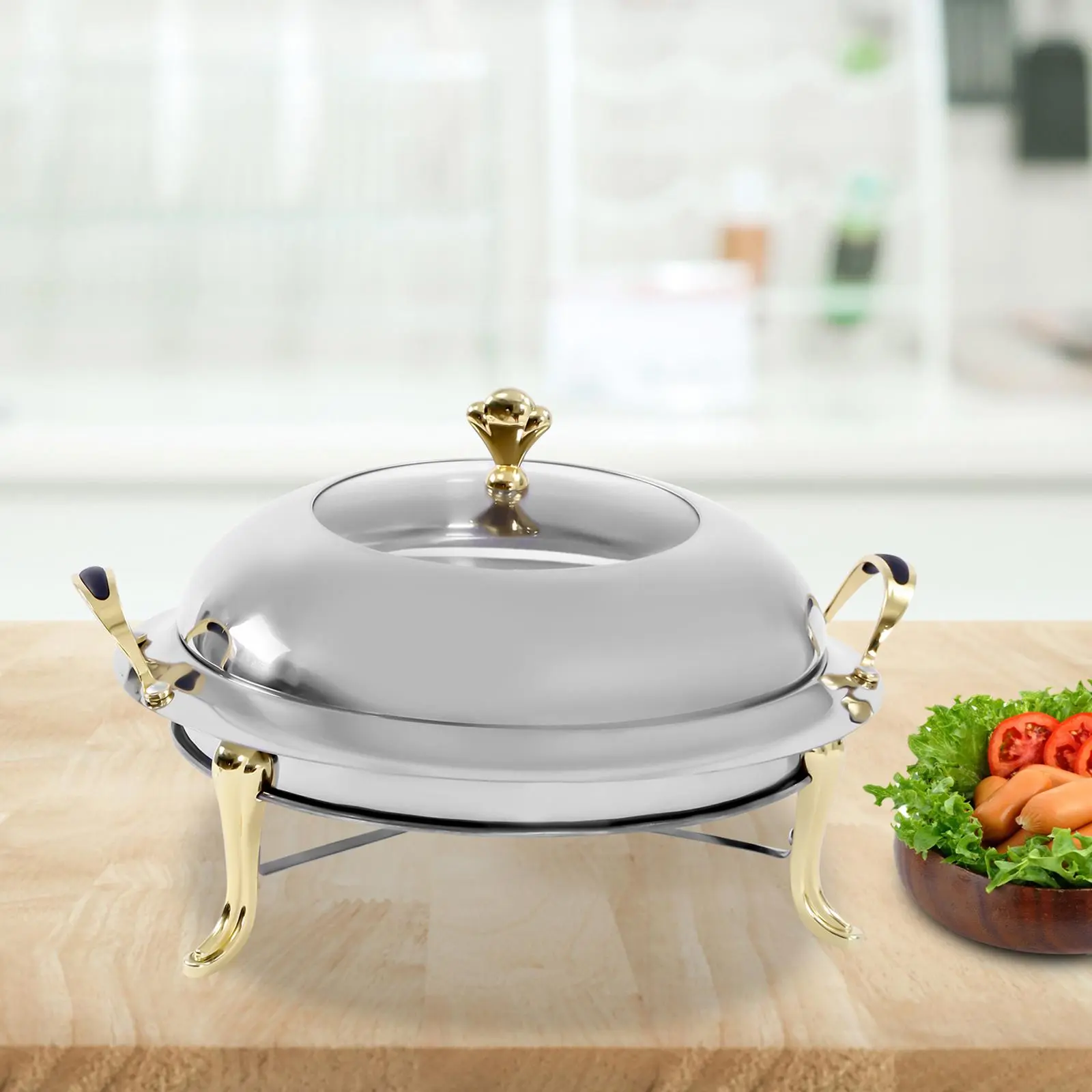 Silver Stainless Steel Flat-Bottomed Thermal Chafing Dish Cookware - 3L/3.17qt Portable Food Warmer Container with Handrail, 1 Fuel Holder, 1 Fuel Frame, Suitable for Weddings, Outdoors (For Outdoor Enthusiasts)