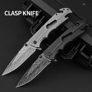 Damascus Pattern Folding Pocket Knife, Heavy Duty Aluminum Handle EDC Foldable Utility Knife Glass Breaker, Sharp Durable Blade Portable Outdoor Pocket Knife for Camping, Hiking, Survival, Everyday Cutting & Emergency Practical Use