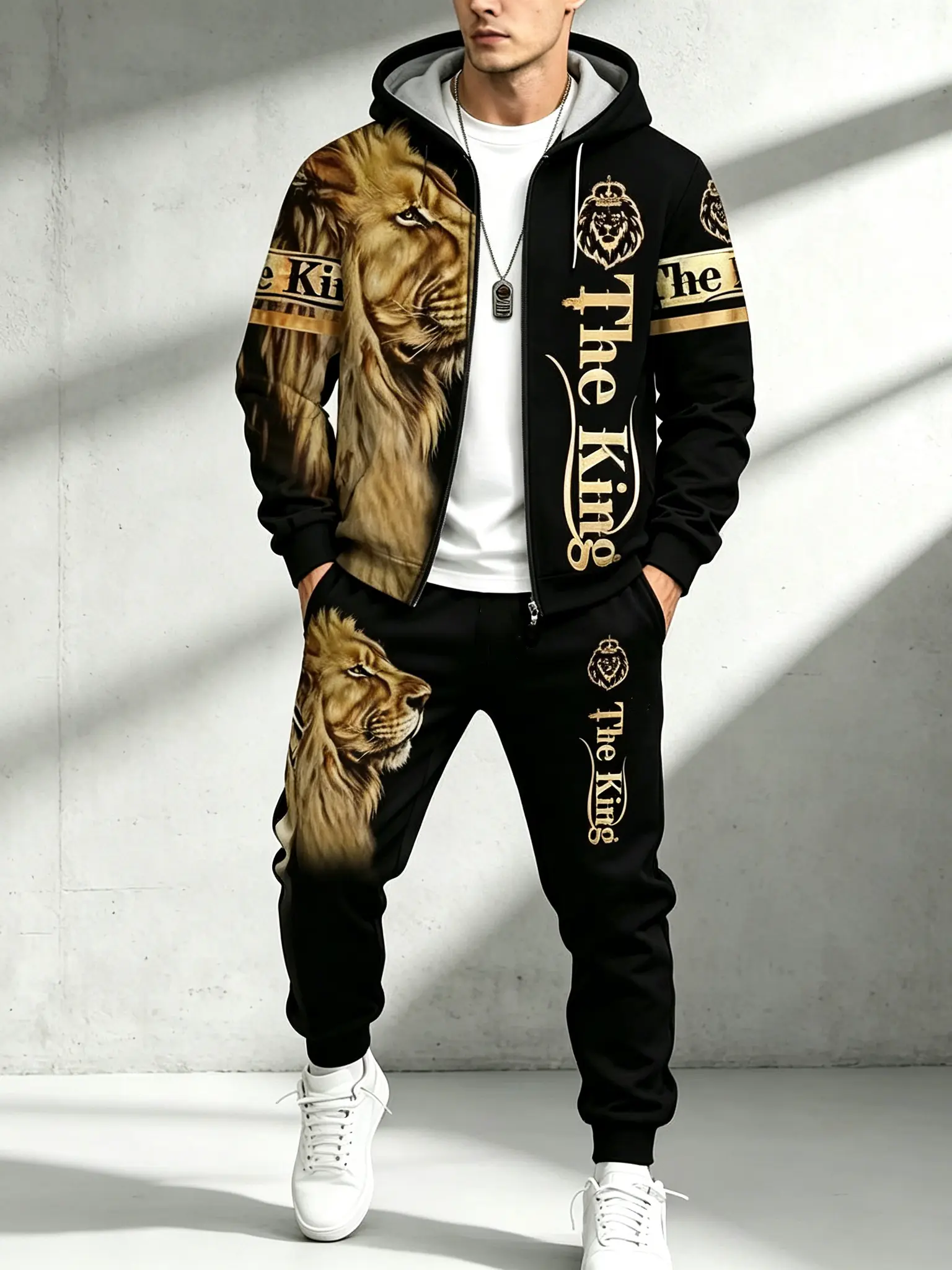 Men’s 3D digital lion print zip-up hoodie set, two-piece set with “King” lettering design, versatile everyday casual running wear