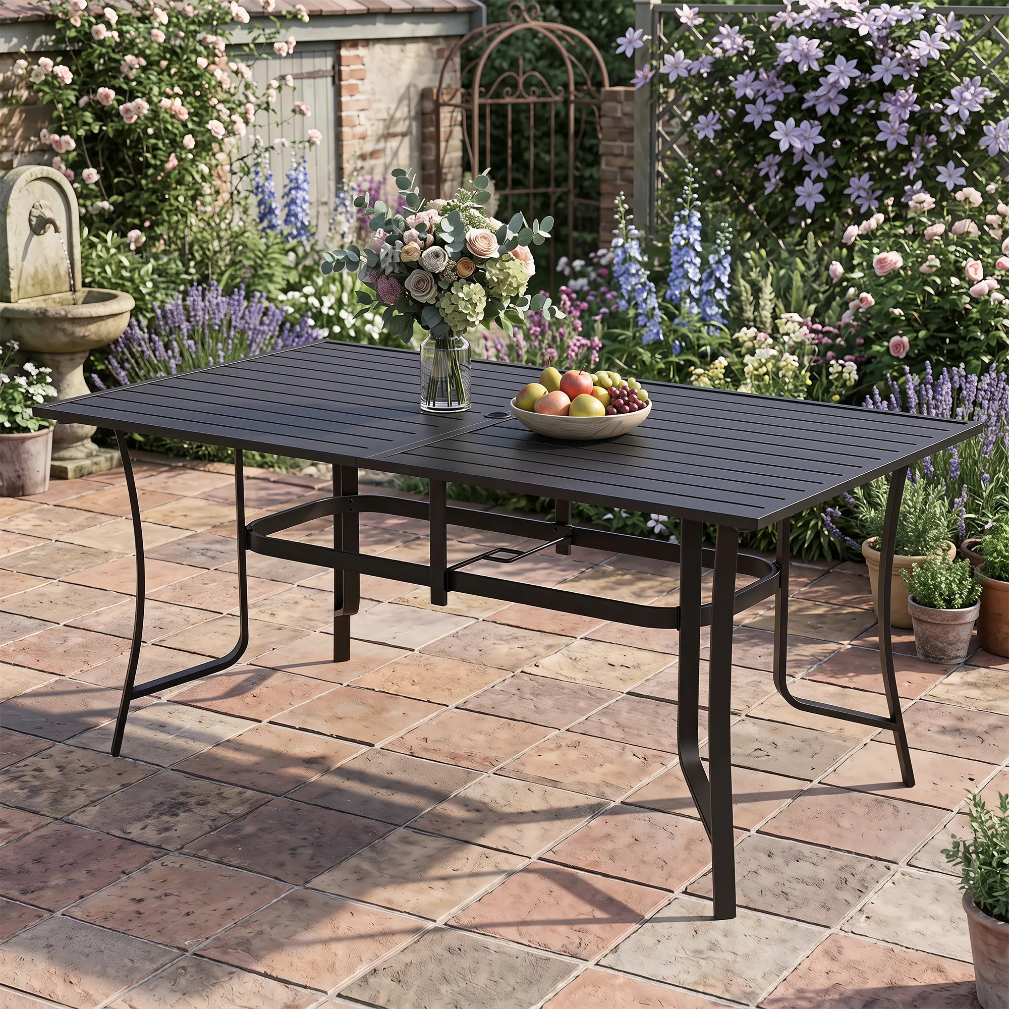 Modern Black Finish Rectangular Metal Outdoor Dining Table, Weather Resistant Rustproof Slatted Patio Table, All Weather Heavy Duty Outdoor Furniture for Patio, Garden, Backyard, Deck and Poolside Family Dinner & Daily Entertaining homeessentials