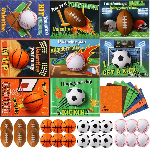 24/36 Pcs  Mini Stress Balls  Valentines Cards with, Basketball Baseball Soccer Football Theme, Valentine Gift Exchange Set , Party Favors and Goodie Bag Fillers