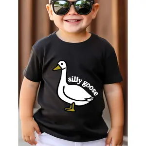 Boys' cotton T-Shirt with Silly Goose Print, Comfortable Casual Crew Neck Short Sleeve