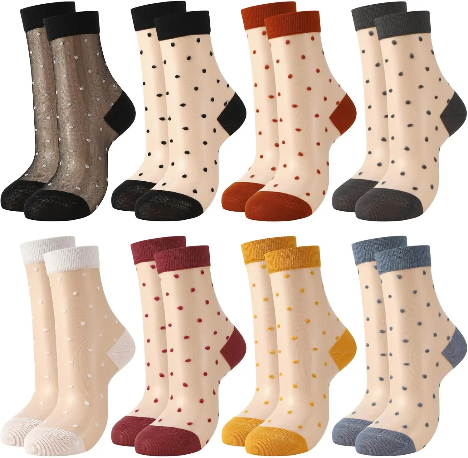 8 Pairs Sheer Socks Women Mesh Polka Dot Bow Cute Casual Socks See Through Transparent Thin Nylon Sock Summer