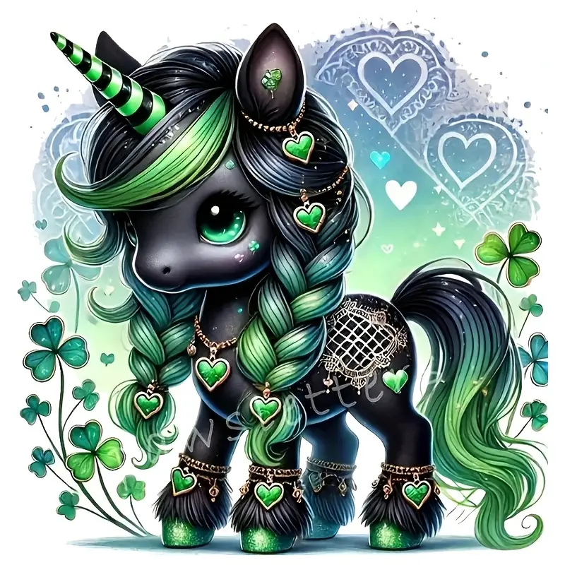 Clover Unicorn Vinyl Sticker -6-inch Glossy Sticker with Gemstone Corners and Heart-shaped Decorations, Perfect for Cars, Laptops, Bottles, Windows, Etc., Single Use Fantasy Animal Decoration, Self-adhesive and Easy To Apply, Unicorn Birthday Party