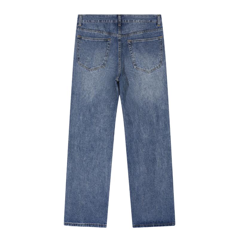 MZNBURAM Men's Ripped Non-Stretch Relaxed Fit Straight-Leg Denim Pants Jeans-Menswear Streetwear Trouser