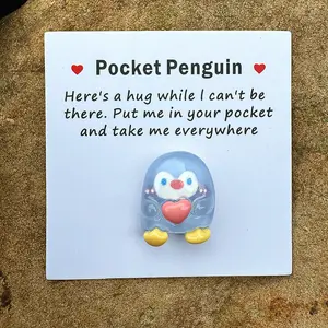 1/5pcs Pocket Penguin Hug, Resin Animal Decoration Pocket Penguin Hug with Encouraging Greeting Card, Special Encourage Birthday Wedding Party Valentines Gift, Positive Message Card