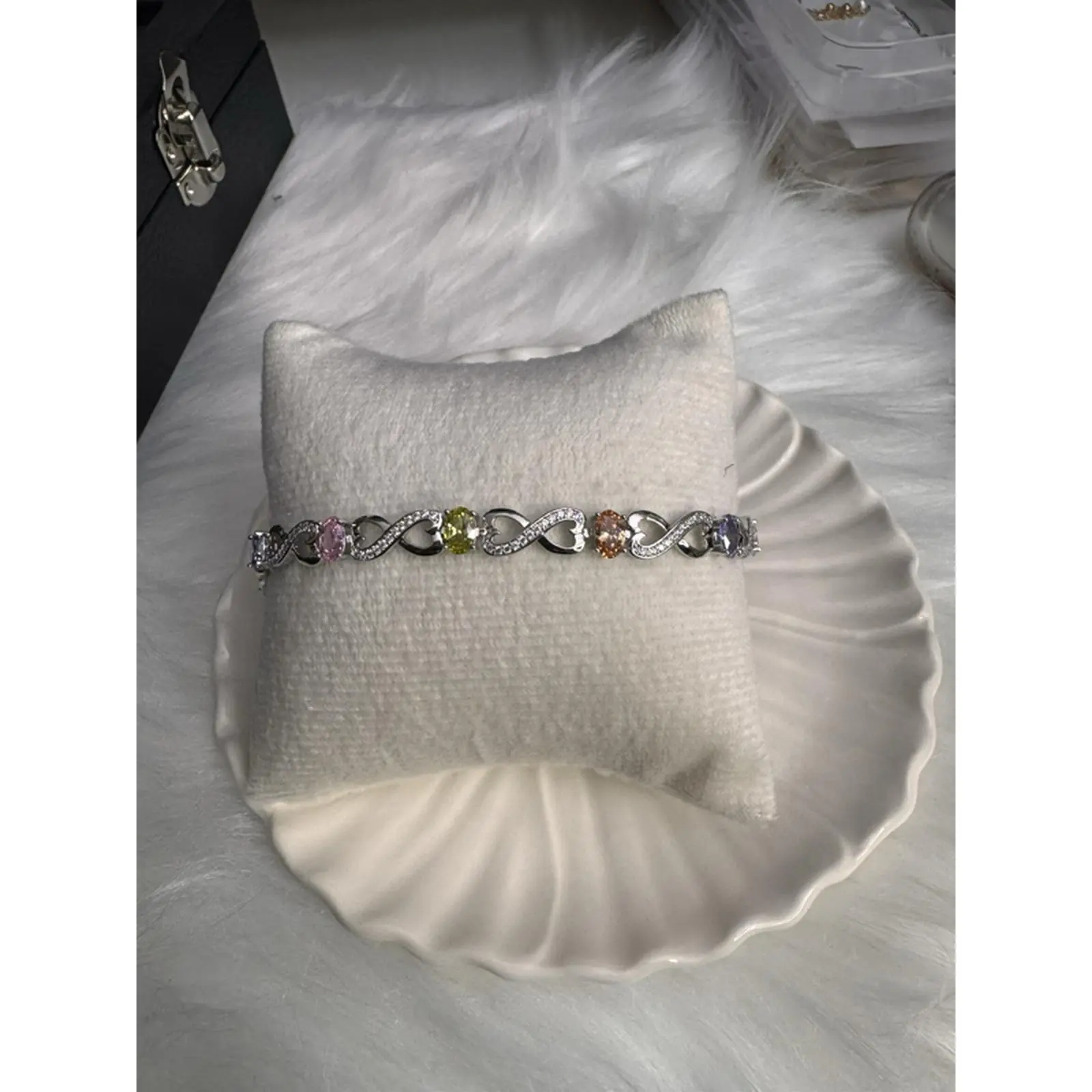 Elegant silver Infinity Design Bracelet with Multicolor Gemstones and Rhinestones for Women's Fashion Jewelry