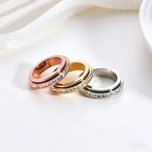 Three Tone Spinner Anxiety Ring, Paved CZ Eternity Band, Titanium Steel Stackable Fidget Jewelry for Daily Wear, Anxiety Relief & Birthday Gift
