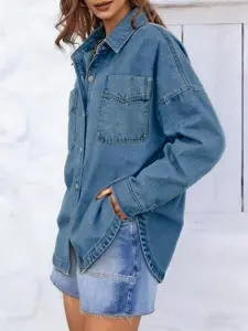 Women's Loose Fit Washed Denim Jacket, Retro Boyfriend Style, Drop Shoulder Design, Long Sleeve Button Fly, Casual Outwear