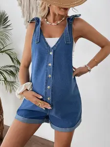 DANLIEN Maternity Cuffed Denim Bib Shorts Blue