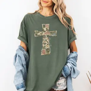 Comfort Colors Camo Cross T-shirt Faux Patchwork Vintage Distressed Casual Tshirt Christian Shirt Faith Jesus He is Risen Graphic Tee Cotton Top Casual Womenswear Soft Crewneck Shortsleeve Summer Streetwear