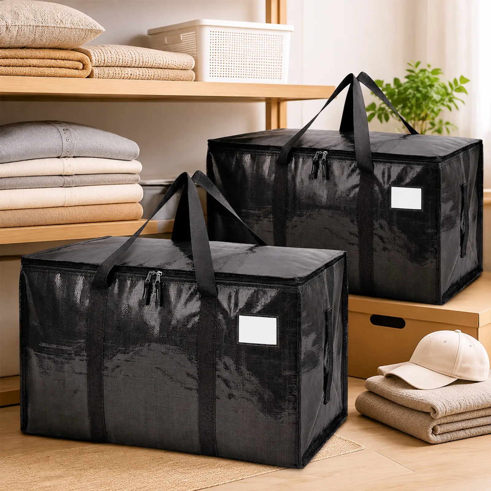 Black Heavy Duty PE Moving Storage Tote Bags with Sturdy Handles and Zippers, Spacious Packing Organizers as Practical Substitutes for Moving Boxes, Great for College Dorm, Camping and Travel Use