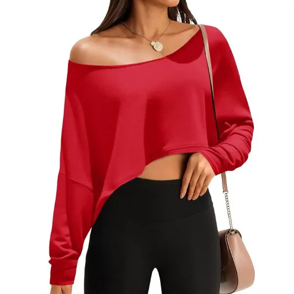 Fisoew Women's Off Shoulder Long Sleeve Top, Loose Fit Batwing Asymmetrical Cropped Knitwear for Everyday Casual Wear, Off Shoulder Tops, Long Sleeve Tops, Everyday Tops