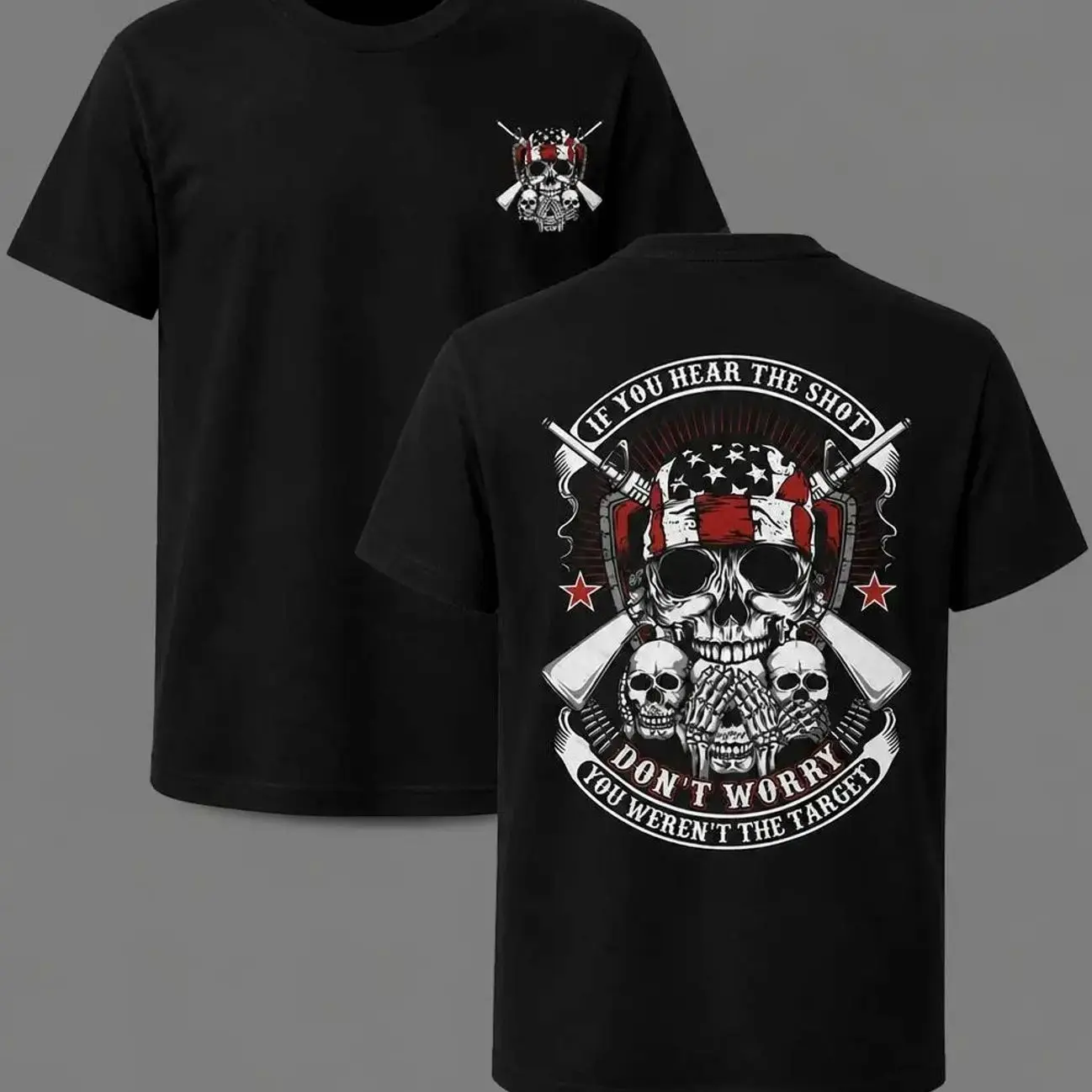 If You Hear The Shot Don’t Worry You Weren’t The Target Tactical T-Shirt for Men Sniper Skull Graphic Tee Military Style Shirt Patriotic Gun Humor Shirt Gift for Veterans and Tactical Fans ISG