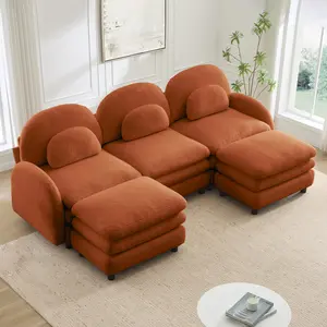 AOBTKEL,Teddy Fabric Cloud-like 3-Seat Sofa,Curved Backrest and Armrest with Curved Lumbar Pillows, Sectional 3 Seater Modular Couch with 2 movable Ottomans and Supportive Double-layer cushion,Orange
