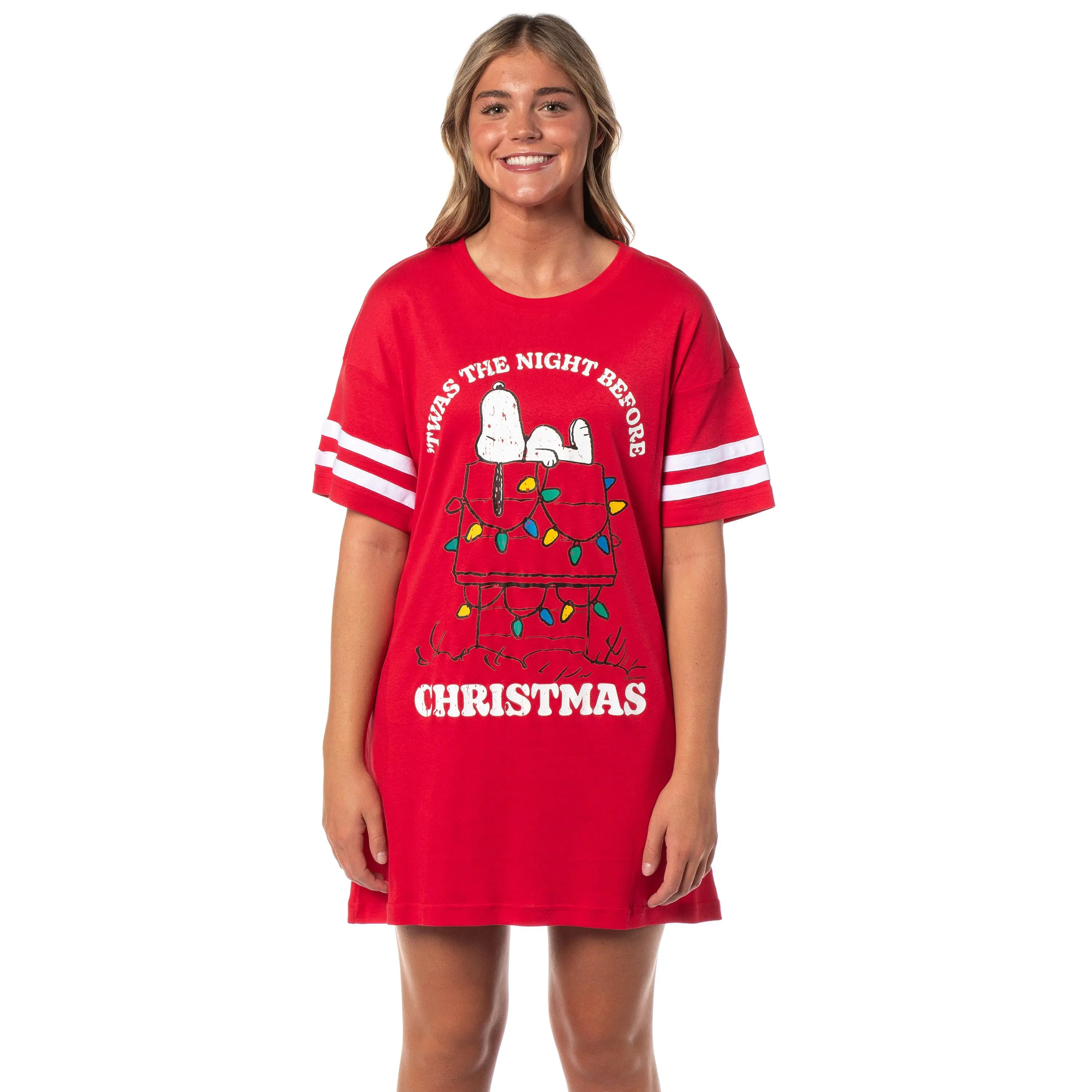 Peanuts Women's Christmas Distressed Snoopy Nightgown Pajama Shirt Dress For Adults