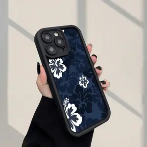 Phone Case: Navy Blue Hibiscus Flower Pattern Phone Case Fashionable Popular Shock- Proof Anti- Fingerprint Full Coverage Thick Protective Soft Case Compatible with iPhone 17 E Air Pro ProMax iPhone16 15 14 Plus 13 12 Mini 11 X XS XR