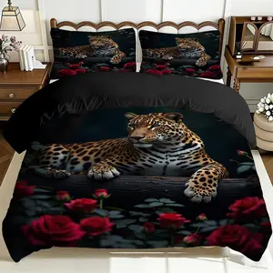 2/3 Pcs Comfortable Leopard And Rose Quilt Cover Set, Soft And Breathable, 100% Polyester Fiber High-Definition Digital Printing Design, All-Season Home Gift, Machine Washable (1 Quilt Cover +1/2 Pillowcase, No Filling)