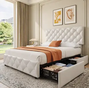 SA-Garvee Queen to King Size Platform Bed Frame with 4 Storage Drawers, Upholstered Bed Frame with Diamond Stitched Button Tufted Design, Mattress Foundation with Wooden Slats Support, No Box Spring Needed