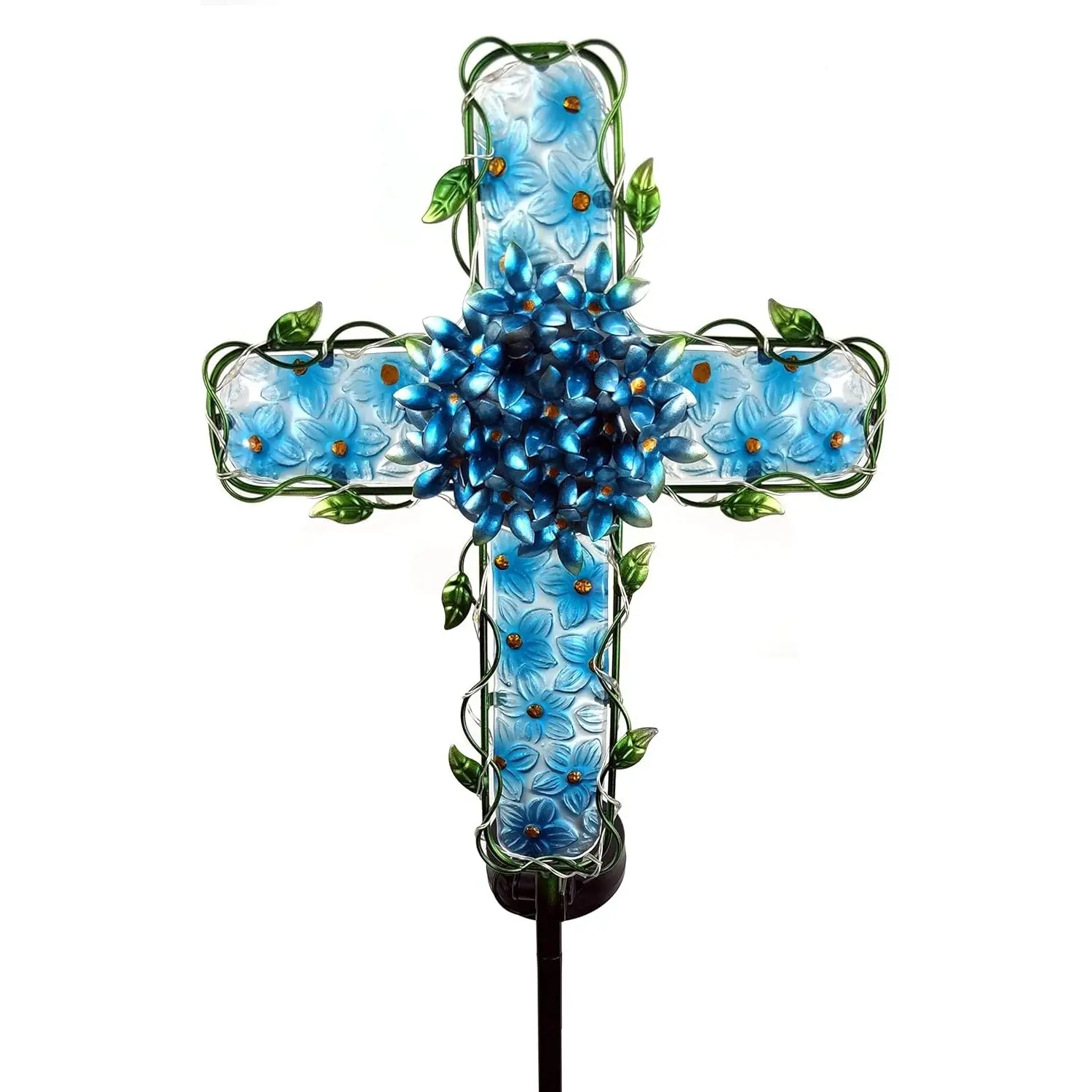 Solar Cross Garden Lights Outdoor Decorative - Solar Metal&Glass Cross Blue Hydrangea Flower Stake Lights-  20 Warm White LED for Remembrance Gifts