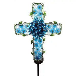 Solar Cross Garden Lights Outdoor Decorative - Solar Metal&Glass Cross Blue Hydrangea Flower Stake Lights-  20 Warm White LED for Remembrance Gifts