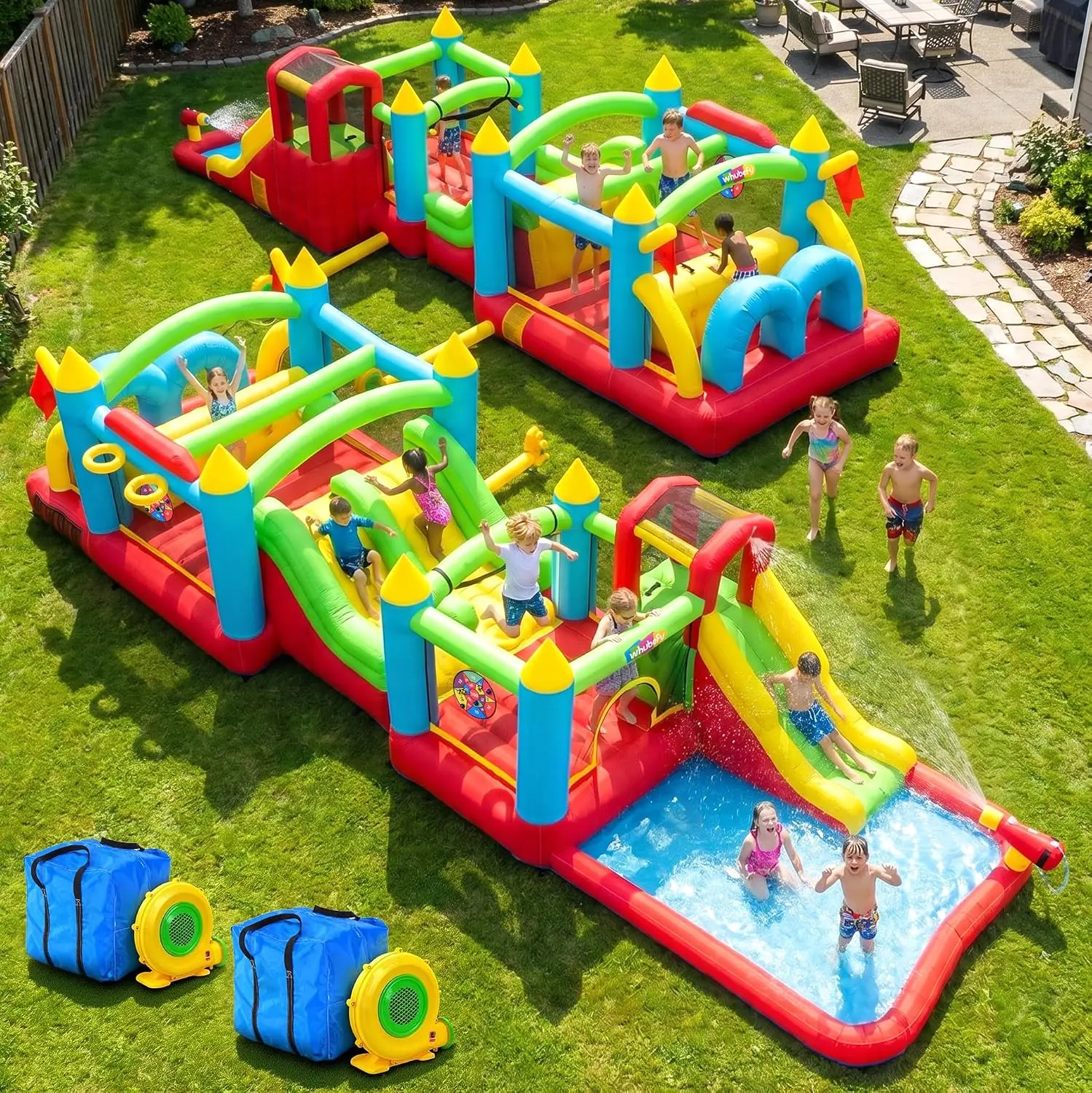 AYYUW29ft Huge Inflatable Obstacle Course Modular Bounce House Water Slide Park | 20-in-1 Wet/Dry Use, 2 Blowers, 3 Slides, Racing Tunnels, Splash Pool, 2 Dartboards for Kids Backyard Party Family Gathering