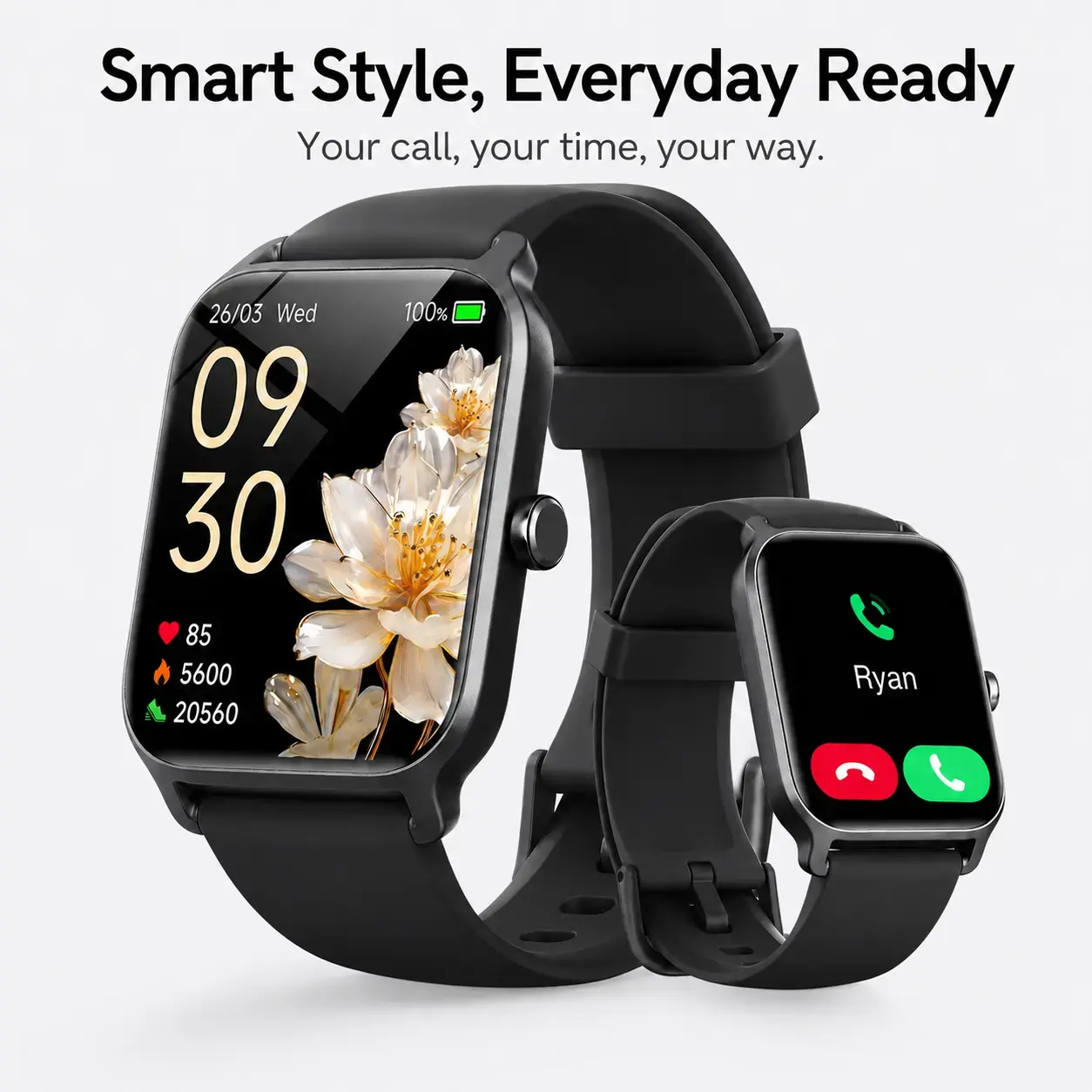 Smart Watch for Men Women, 2.01" Touch Screen Fitness Watch, Message Notification, Step Counter, Alarm Clock, Timer, Music Control, Soft Comfort Strap, Compatible with iOS & Android Smartphones