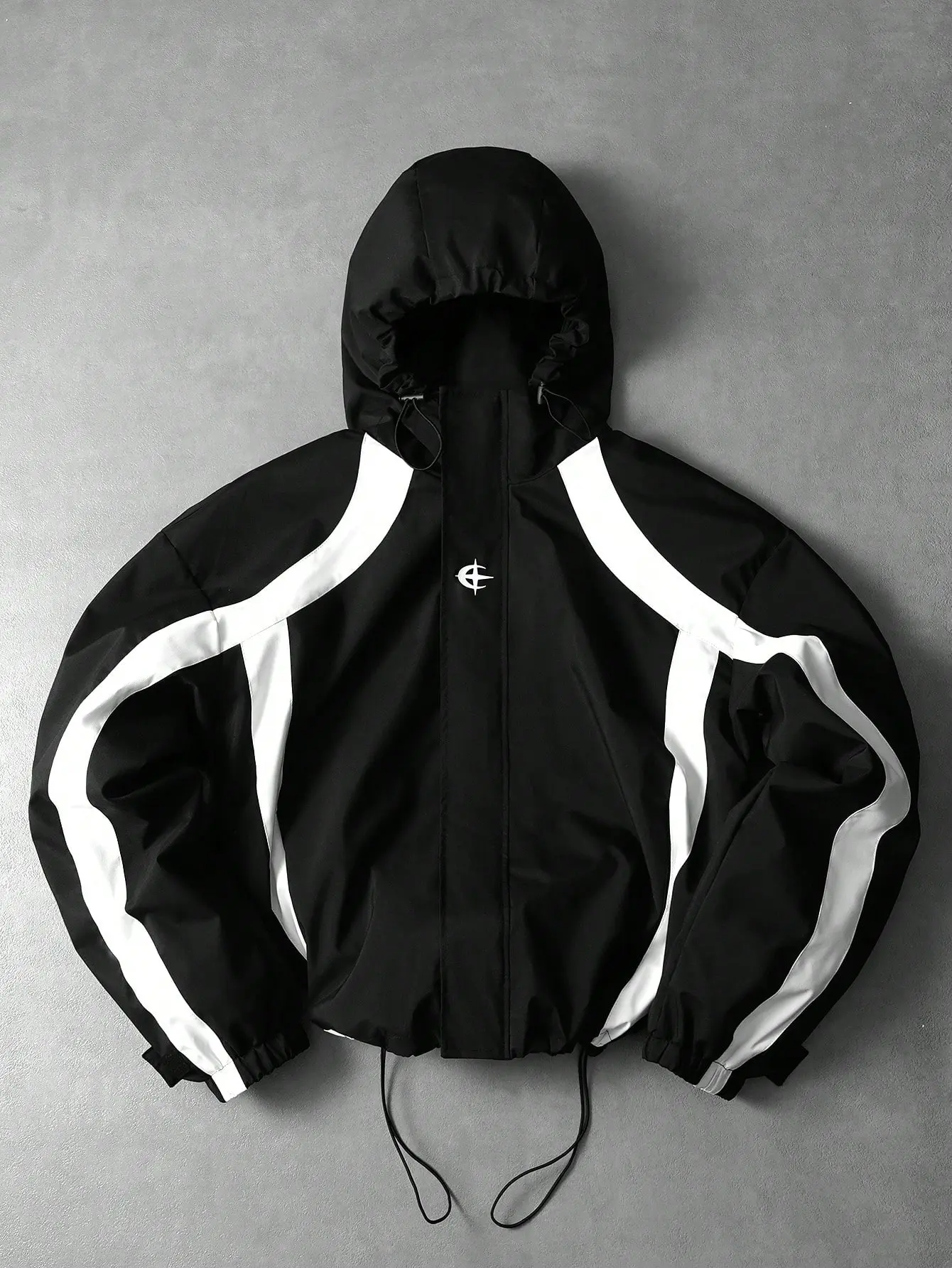 Men’s Oversized Woven Thick Fabric Techwear Windbreaker Jacket - Hooded, Waterproof, Windproof, Color Block, Contrast White Retro Race Stripes, Zip Pockets, Adjustable Drawstring Hem, Bike-Friendly Sleeves, Aesthetic Streetwear Top