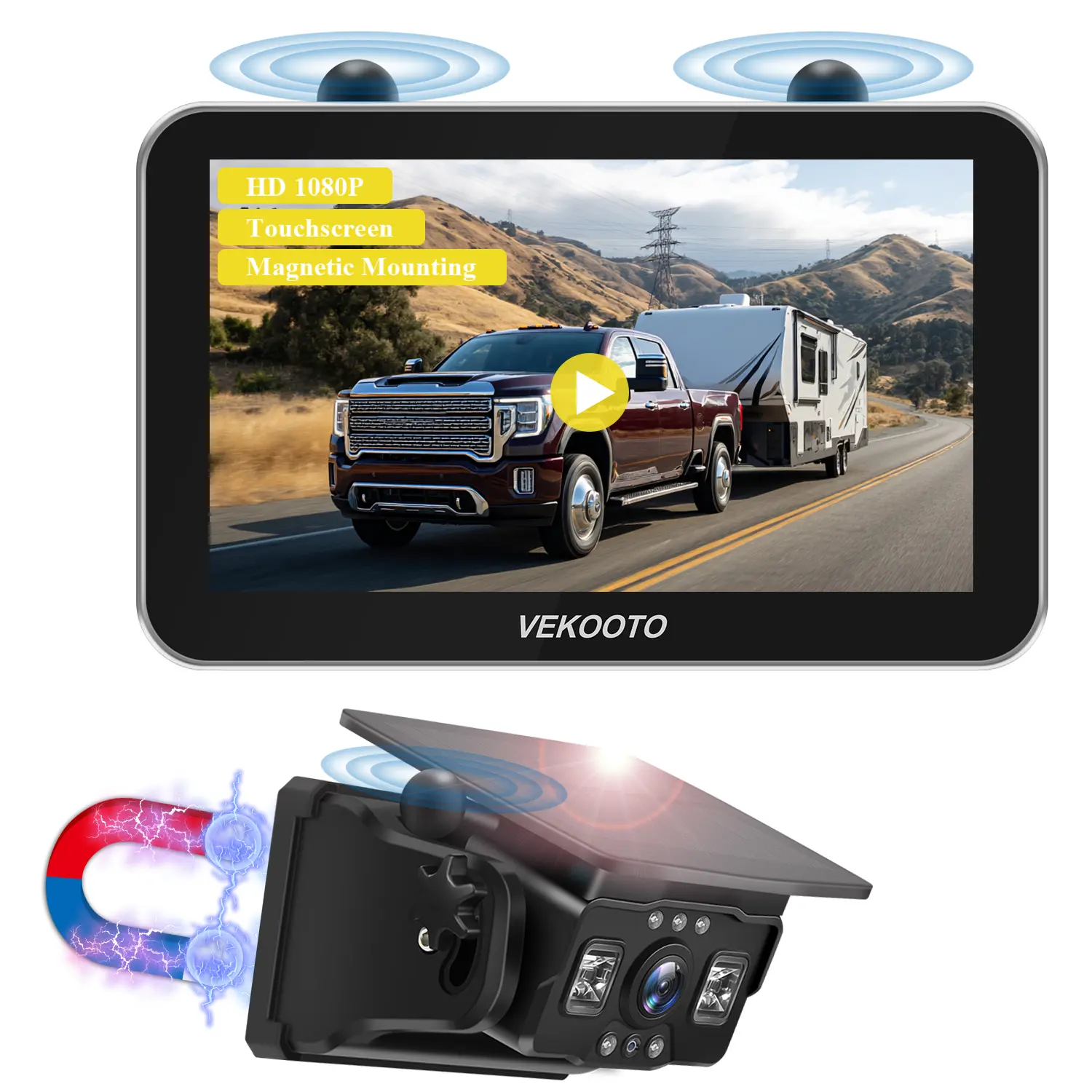 VEKOOTO VK7 Pro Magnetic Solar Wireless Backup Camera 7'' IPS Touchscreen Monitor IP69 Waterproof HD1080P No Wiring Rechargeable Camera for RV Trailer Camper Blind Spot Truck Automotive Backup Camera for Truck IR Night Vision farmer