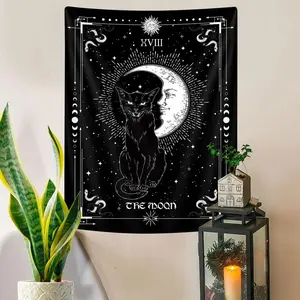 Gothic Black Cat Vertical Tapestry, Witchy Black and White Tarot Card Wing Bat Cat Cool Tapestry for Men, Moon Phases Aesthetic Anime Witchcraft Satanic Art Tapestry Wall Hanging for Bedroom Living Room Poster, 40X60Inch Decor
