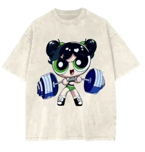 (Comfort Colors) Bubbles #Powerpuff Strong Girls T-Shirt, Cute Cartoon Weightlifting Tee, Gym Shirt, Graphic Gym Shirt, Vintage Washed Tee Conton, Gym Shirt Women, For Men, Ful Size