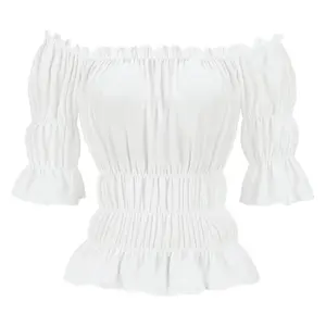 Victorian Blouse Smocked Tops Women Renaissance Blouse Victorian Steampunk Pirate Shirt Off Shoulder Short Sleeve Smocked Blouse Tops 6505-D1