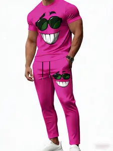 Men's 2-Piece Smiley Face Tracksuit | Drawstring Casual Fashion Set | Streetwear T-Shirt & Pants