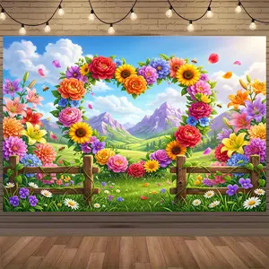2D Flat Heart Shaped Flower Fence Backdrop, Polyester Photo Booth Home Wall Party Decor, Party Banner