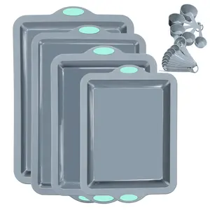 Silicone Baking Pans Set, 4 Pieces Nonstick Bakeware Set with Baking Pans, Baking Sheets, Cookie Sheets, Cake Pan with Metal Reinforced Frame More Strength, Light Grey