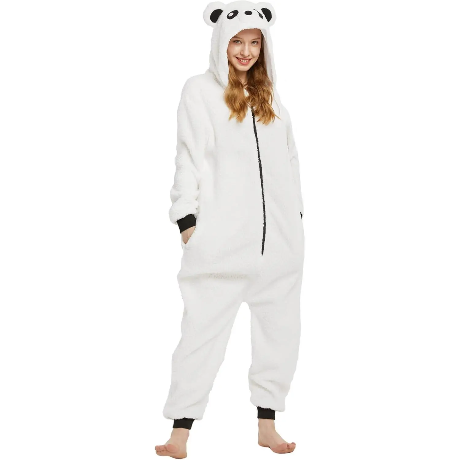 Women's Brown Polyester Sherpa Bear Hooded Long-Sleeve Onesie with Zipper - Lady's Fall Winter Loungewear Nightwear, Family Christmas Costume