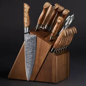 16-Piece Damascus Steel Knife Block Set - The Dynasty Collection - 67-Layer Japanese VG10 Steel with Natural Sycamore Wood Handles - Senken Knives