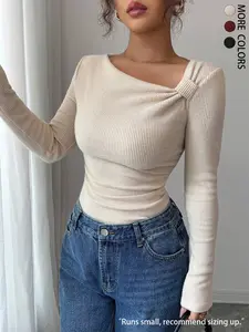 Women's New Autumn Winter Solid Color Brushed Ribbed Elastic Asymmetrical Neck Pleated Long Sleeve T-Shirt, Slim Fit Casual Top, Christmas T-Shirt