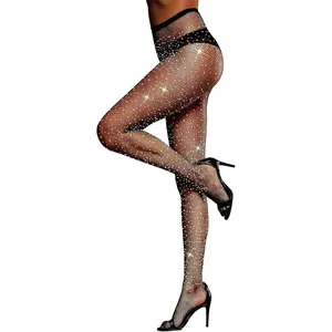 Sexy High Waist Tights Sparkle Rhinestone Fishnets Party Rhinestone Mesh Stockings