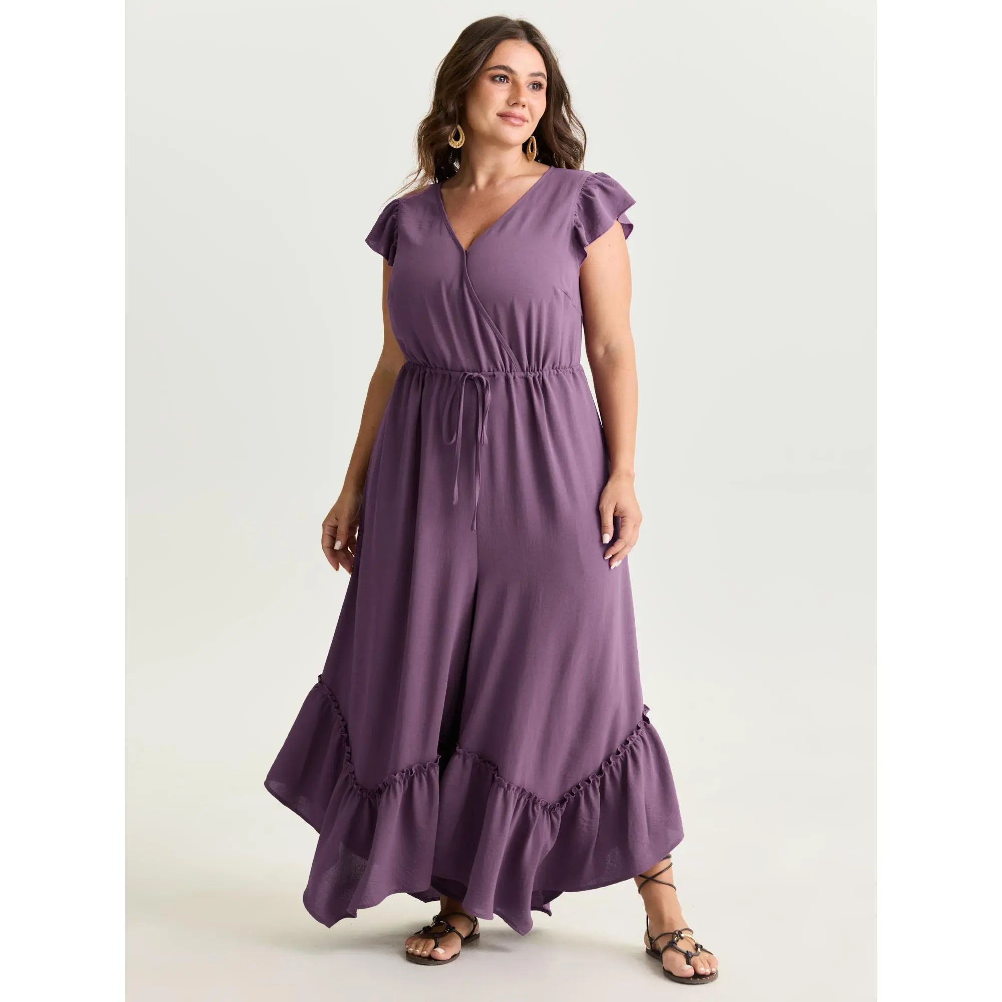 BloomChic Women's Plus Size Solid Mauve Belted Wide Leg Pants - Smooth Lightweight Polyester Woven Bottoms, Resort Look, Side Pockets, Minimalist Casual, Regular Fit, Breathable Wrinkle-Free Summer Womenswear, Garment, Fabric
