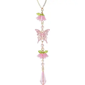 Butterfly   Rearview Mirror Charm -  Lily of The Valley Flower Beaded Pendant, Elegant Hanging  Interior Decor Ornament & Accessories, for Women