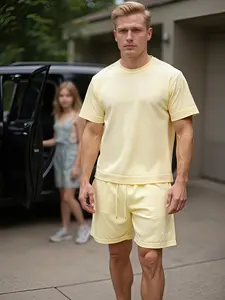 ETN Mens Cream Summer Set - Fitted T-Shirt & Above-Knee Shorts - Casual Minimalist 100% Premium Cotton Comfortable Stylish