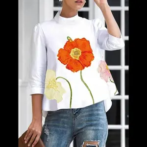 NewWomen's Floral Print Blouse, Elegant 3/4 Sleeve Button Decor Stand Collar Top for Spring & Fall, Ladies Clothes for Daily Wear, Womenswear