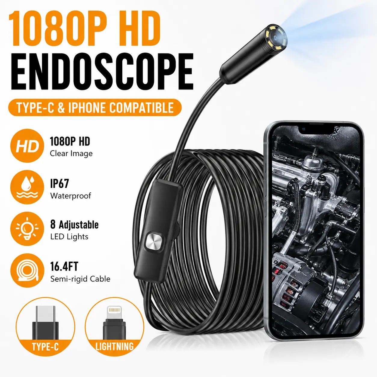 Endoscope Camera with Light, HD Waterproof Borescope Inspection Camera for iPhone & Android, Type-C/Lightning Snake Camera for Car, Pipes and Drains