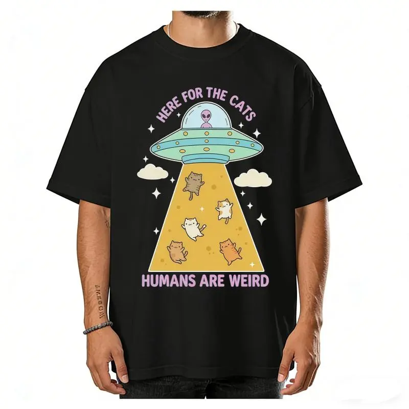 Men's Round Neck Short-Sleeve Casual Stylish Trendy T-Shirt, Funny Vintage Cartoon Alien UFO Graphic, Retro Pastel Design, "Here for the Cats Humans Are Weird" Cat Lover Unisex Gift Top